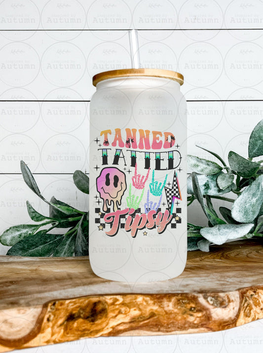 16oz Glass Can Tumbler | Tanned Tatted And Tipsy | Skellie | Iced Coffee Glass